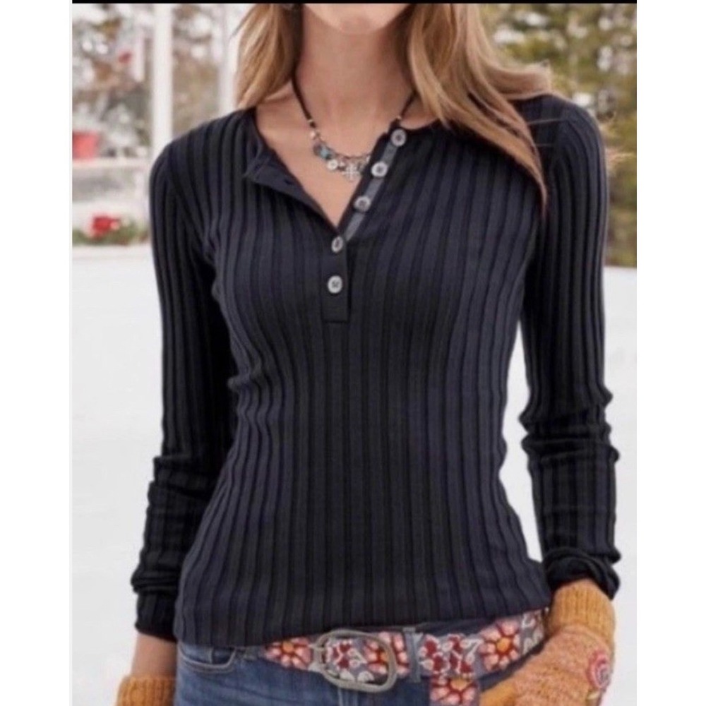 Sundance Living Legend Henley Black Ribbed Organic Cotton Sweater Size Large